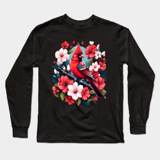 Cute Northern Cardinal Surrounded by Vibrant Spring Flowers Long Sleeve T-Shirt